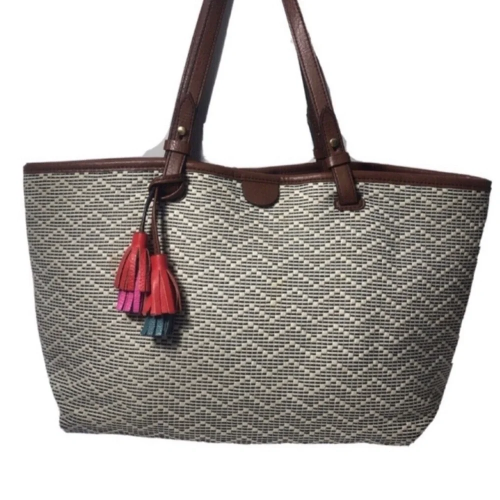 Fossil Brown and Cream Tassel Tote Bag.